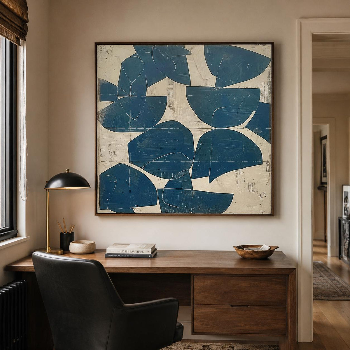 Blue Abstract Wall Art Beige Wabi Sabi Canvas Painting for Living Room Modern Decor