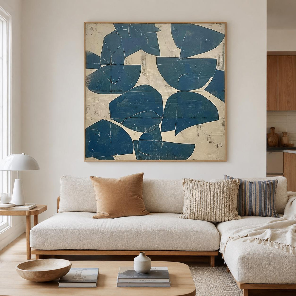 Blue Abstract Wall Art Beige Wabi Sabi Canvas Painting for Living Room Modern Decor