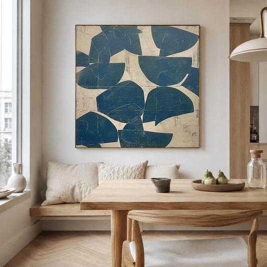 Blue Abstract Wall Art Beige Wabi Sabi Canvas Painting for Living Room Modern Decor