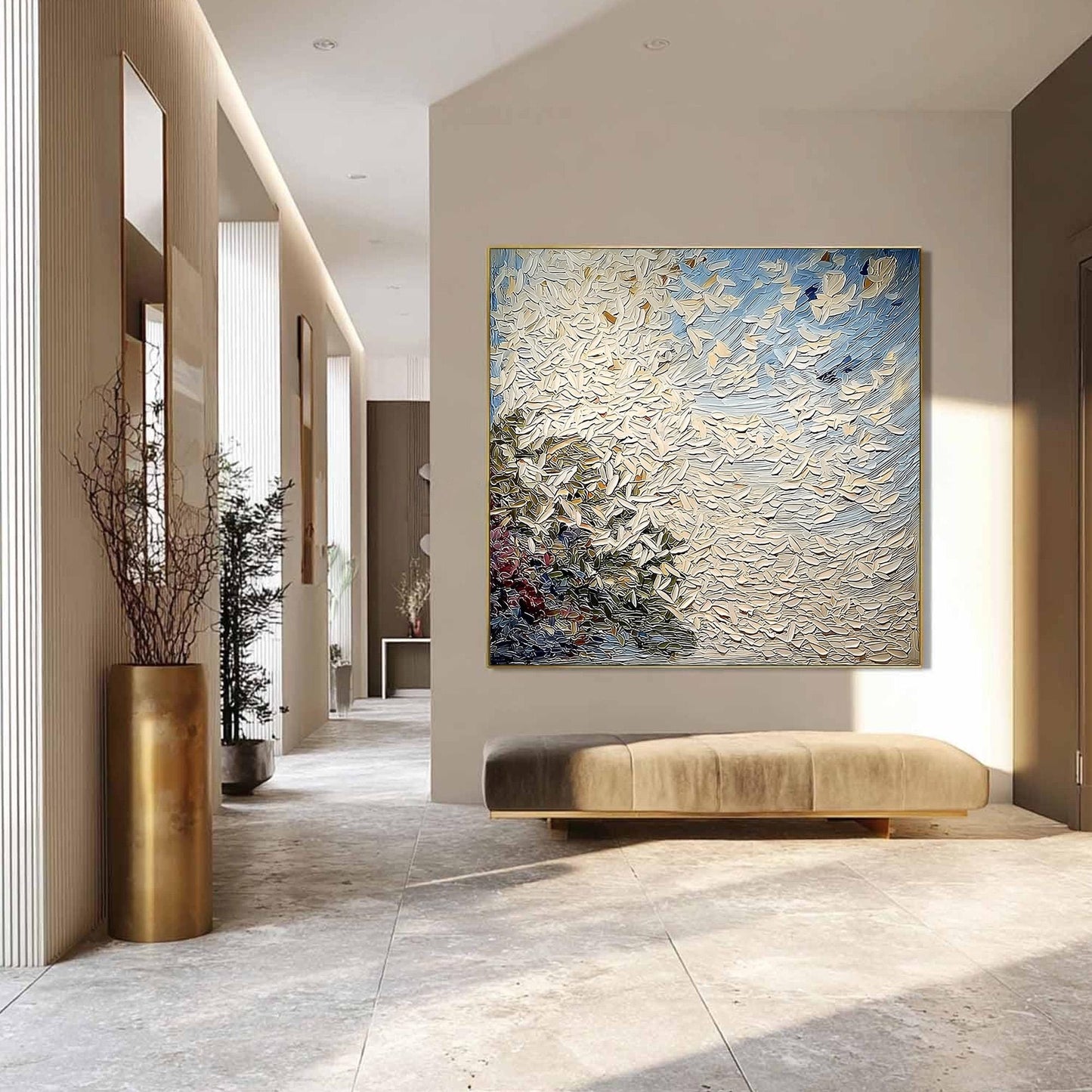 Blue and White Abstract Impasto Floral Wall Art – White