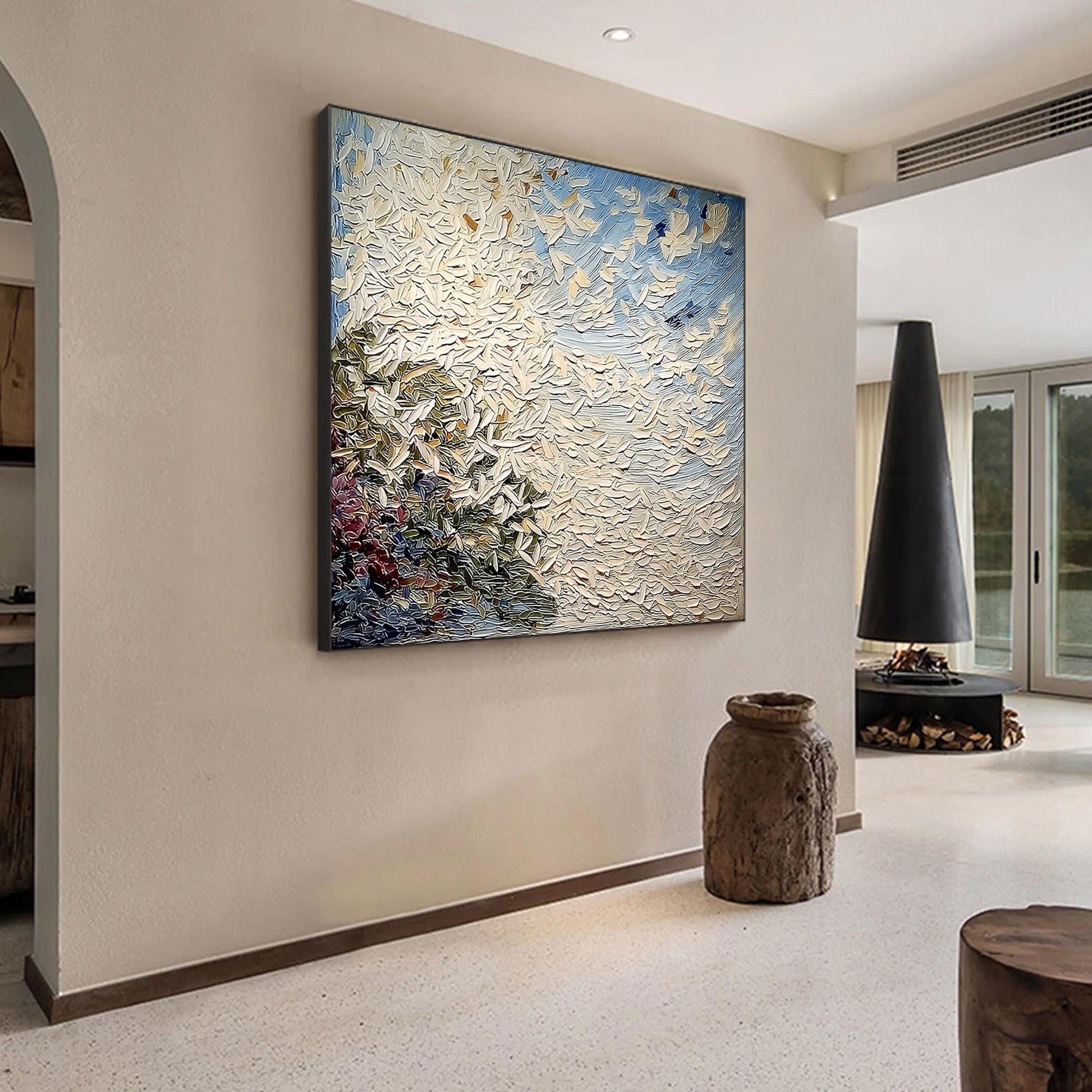 White – Blue and White Floral Wall Art | Abstract Impasto Painting, view 3