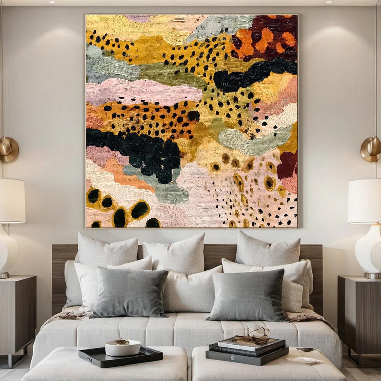Sage and Gold Textured Abstract Boho Wall Art – Mustard Pink