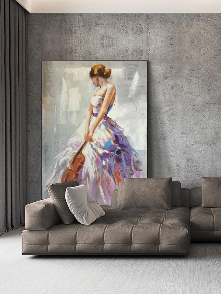 Impressionist Woman With Violin Painting - Elegant Female Figure in Flowing Purple Dress, Musical Wall Art for Living Room, Home Decor