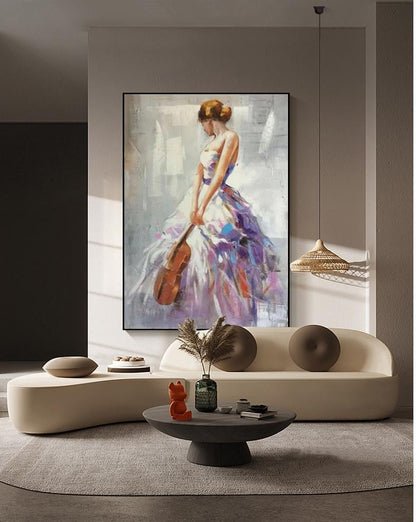 Impressionist Woman With Violin Painting - Elegant Female Figure in Flowing Purple Dress, Musical Wall Art for Living Room, Home Decor