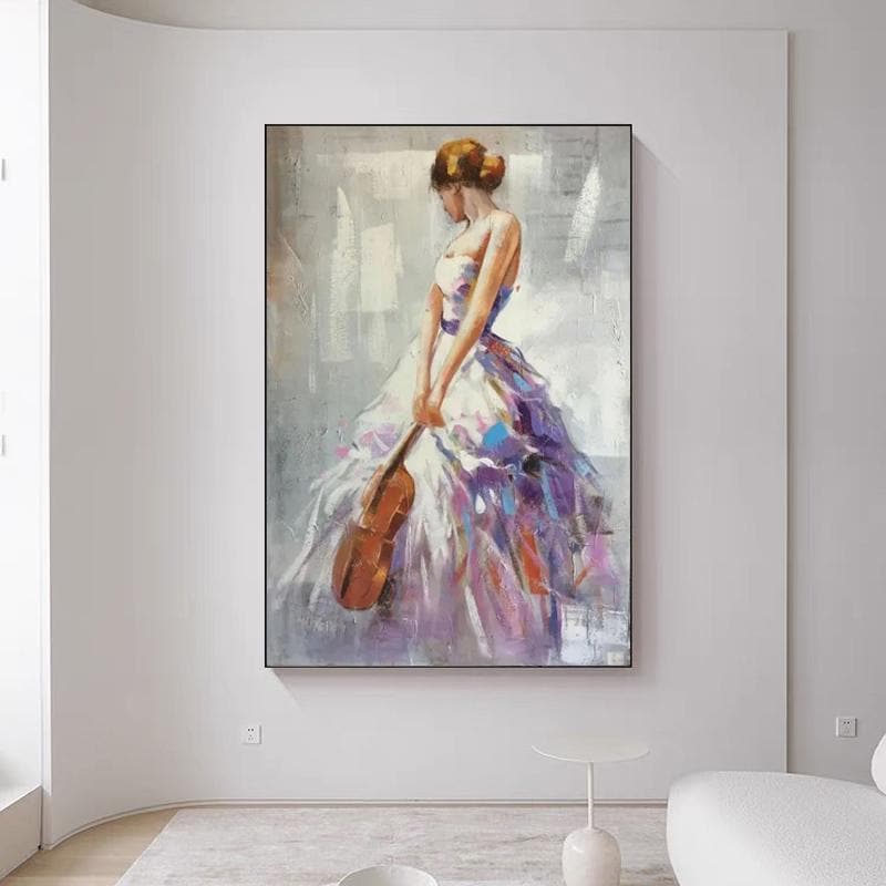 Impressionist Woman With Violin Painting - Elegant Female Figure in Flowing Purple Dress, Musical Wall Art for Living Room, Home Decor