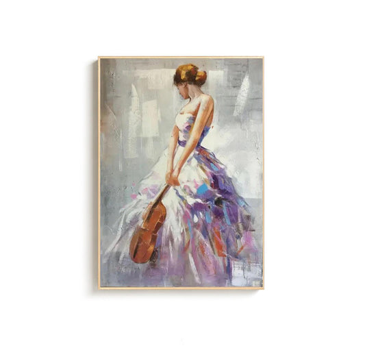 Impressionist Woman With Violin Painting - Elegant Female Figure in Flowing Purple Dress, Musical Wall Art for Living Room, Home Decor