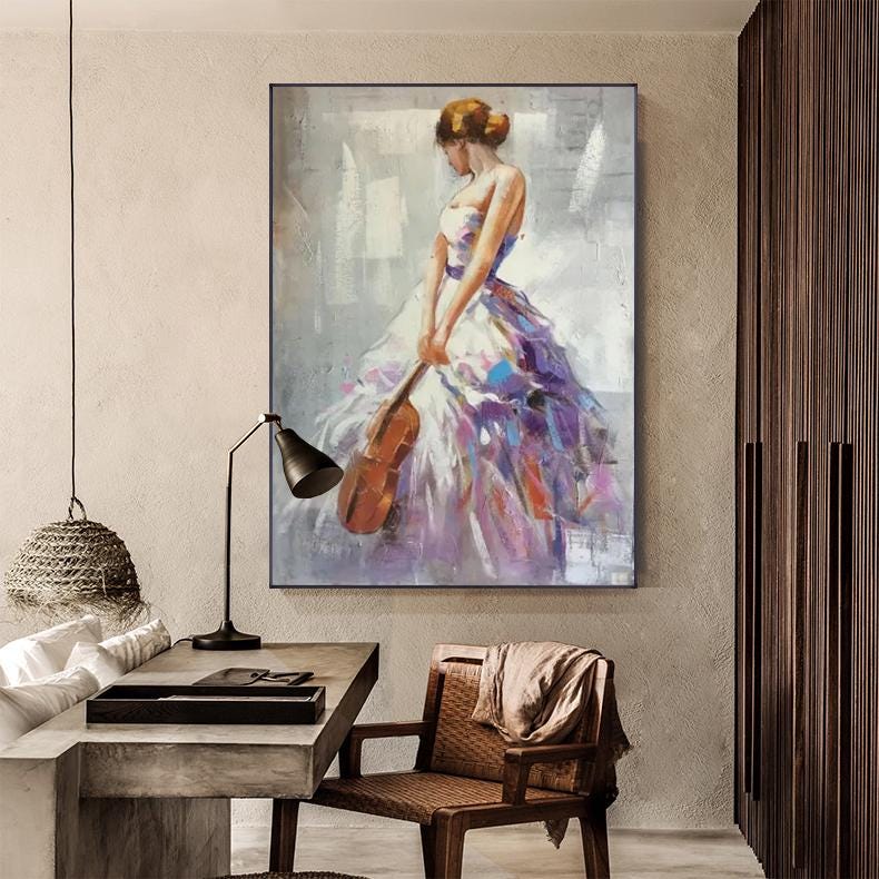 Impressionist Woman With Violin Painting - Elegant Female Figure in Flowing Purple Dress, Musical Wall Art for Living Room, Home Decor