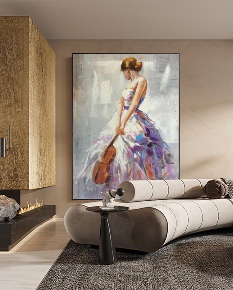Impressionist Woman With Violin Painting - Elegant Female Figure in Flowing Purple Dress, Musical Wall Art for Living Room, Home Decor