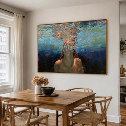 Diving Woman Wall Art Blue Green Ocean Canvas Painting for Living Room Coastal Decor