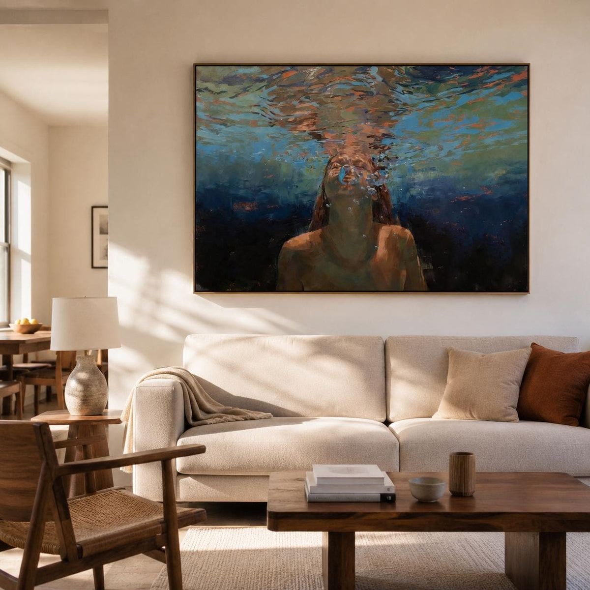 Diving Woman Wall Art Blue Green Ocean Canvas Painting for Living Room Coastal Decor