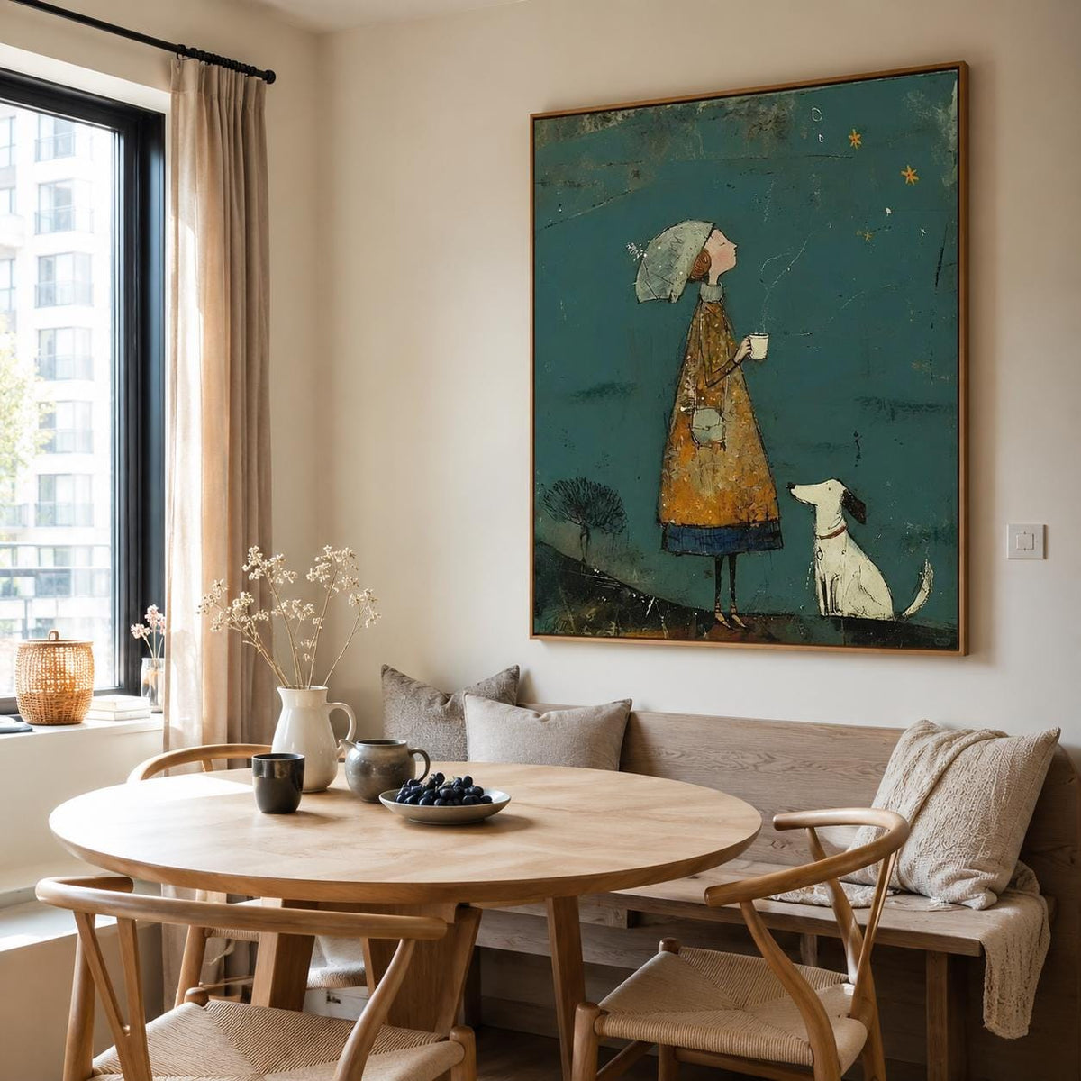 Girl and Dog Wall Art Teal Folk Canvas Painting for Living Room Whimsical Decor