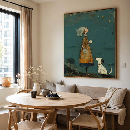 Girl and Dog Wall Art Teal Folk Canvas Painting for Living Room Whimsical Decor