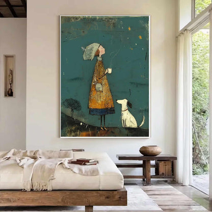 May include: An artistic painting depicts a person in a mustard-colored dress and a dog gazing at stars. The artwork features a teal background, a white frame, and a minimalist style. The person holds a cup, and the dog sits attentively.