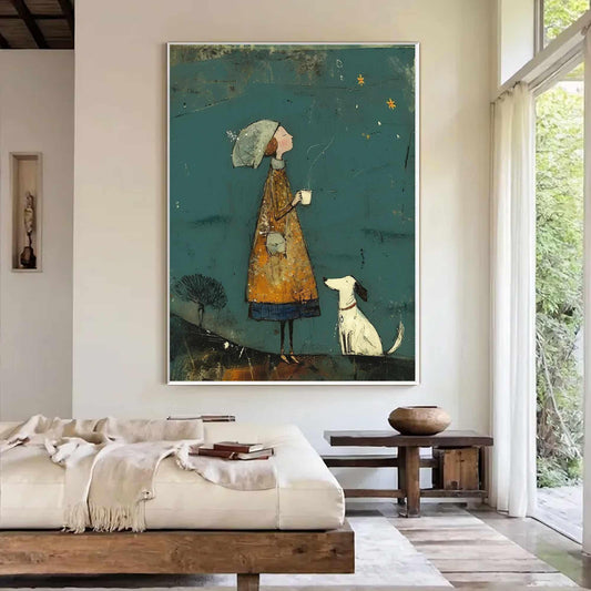 May include: An artistic painting depicts a person in a mustard-colored dress and a dog gazing at stars. The artwork features a teal background, a white frame, and a minimalist style. The person holds a cup, and the dog sits attentively.