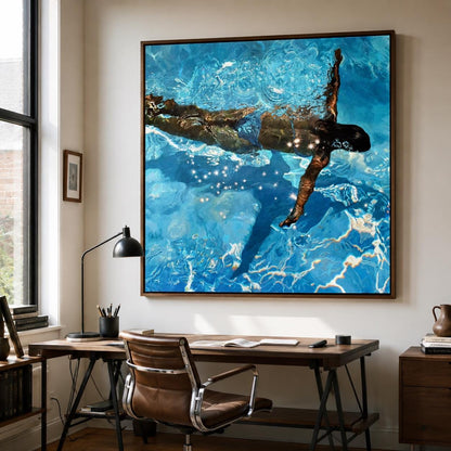 Diving Girl Wall Art Blue Pool Canvas Painting for Living Room Modern Coastal Decor