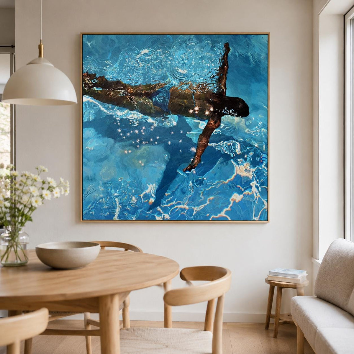 Diving Girl Wall Art Blue Pool Canvas Painting for Living Room Modern Coastal Decor
