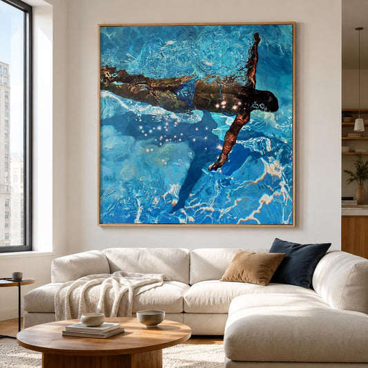 Diving Girl Wall Art Blue Pool Canvas Painting for Living Room Modern Coastal Decor