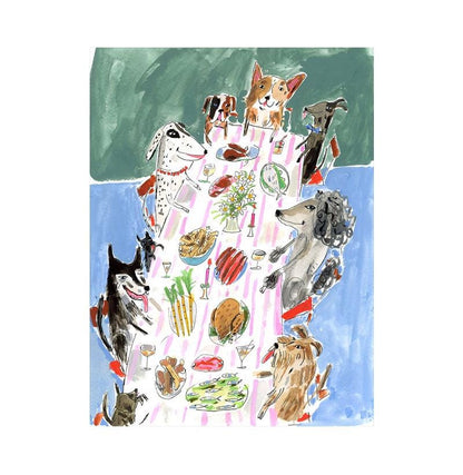 May include: Watercolor illustration of a dog dinner party. Various dog breeds are gathered around a table set with food and drinks. The table has a pink and white striped tablecloth. The background is blue and green.