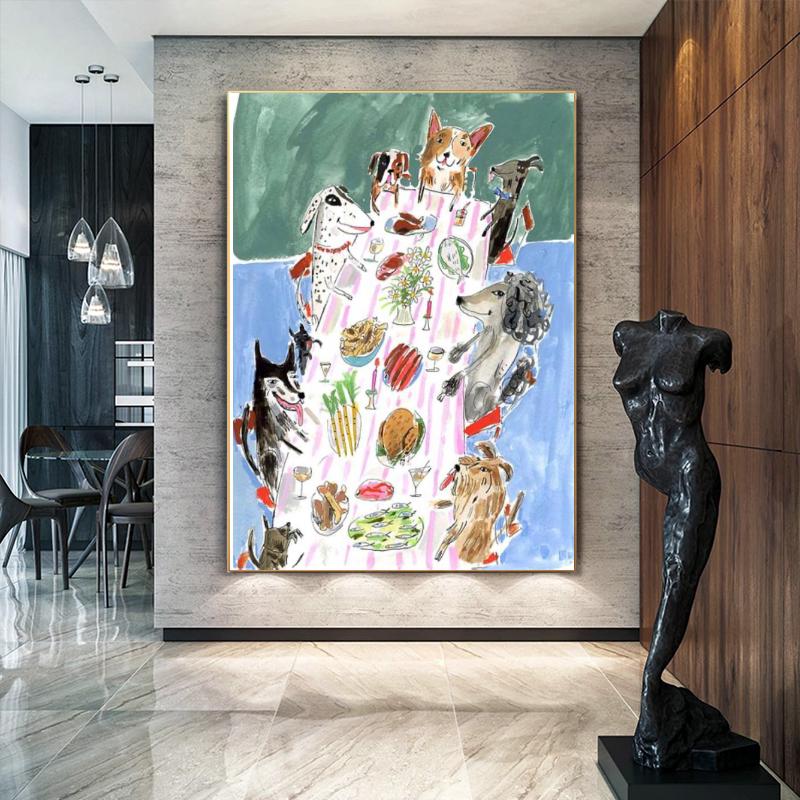 May include: A large framed painting depicts a whimsical scene of dogs dining at a table. The artwork features various dog breeds enjoying a meal with food and drinks. The background is a mix of blue and green, with a gold frame.