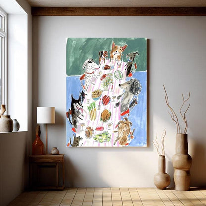 May include: A colorful painting depicts a gathering of dogs around a table laden with food and drinks. The artwork features various dog breeds, a striped tablecloth, and a blue and green background, creating a whimsical scene.