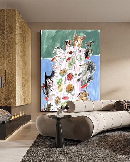 May include: A whimsical watercolor painting depicts a gathering of dogs around a table laden with food and drinks. The artwork features various breeds, a striped tablecloth, and a blue and green background, creating a playful and inviting scene.