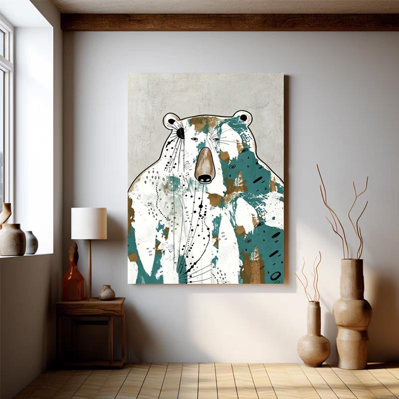 May include: A large canvas art print featuring a stylized bear illustration. The bear has a white body with teal and brown accents. The artwork has a neutral background and is displayed in a room with wooden floors and a lamp.