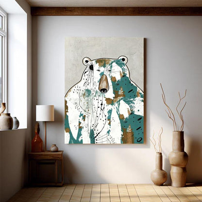 May include: A large canvas art print featuring a stylized bear illustration. The bear has a white body with teal and brown accents. The artwork has a neutral background and is displayed in a room with wooden floors and a lamp.