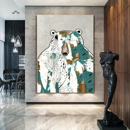 May include: Abstract bear art print with a gold frame. The bear is depicted with white, teal, and brown paint strokes. Black dotted lines and shapes add detail to the bear's face and body. The artwork is displayed in a modern hallway with a sculpture.