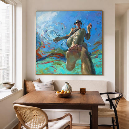 Swimming Woman Wall Art Blue Abstract Figure Canvas Painting for Bathroom Living Room Decor