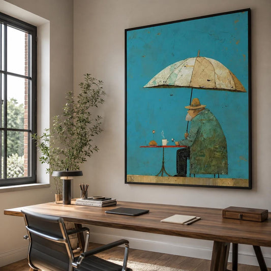 Umbrella Man Wall Art Vintage Cafe Figurative Canvas Painting for Modern Dining Room Decor