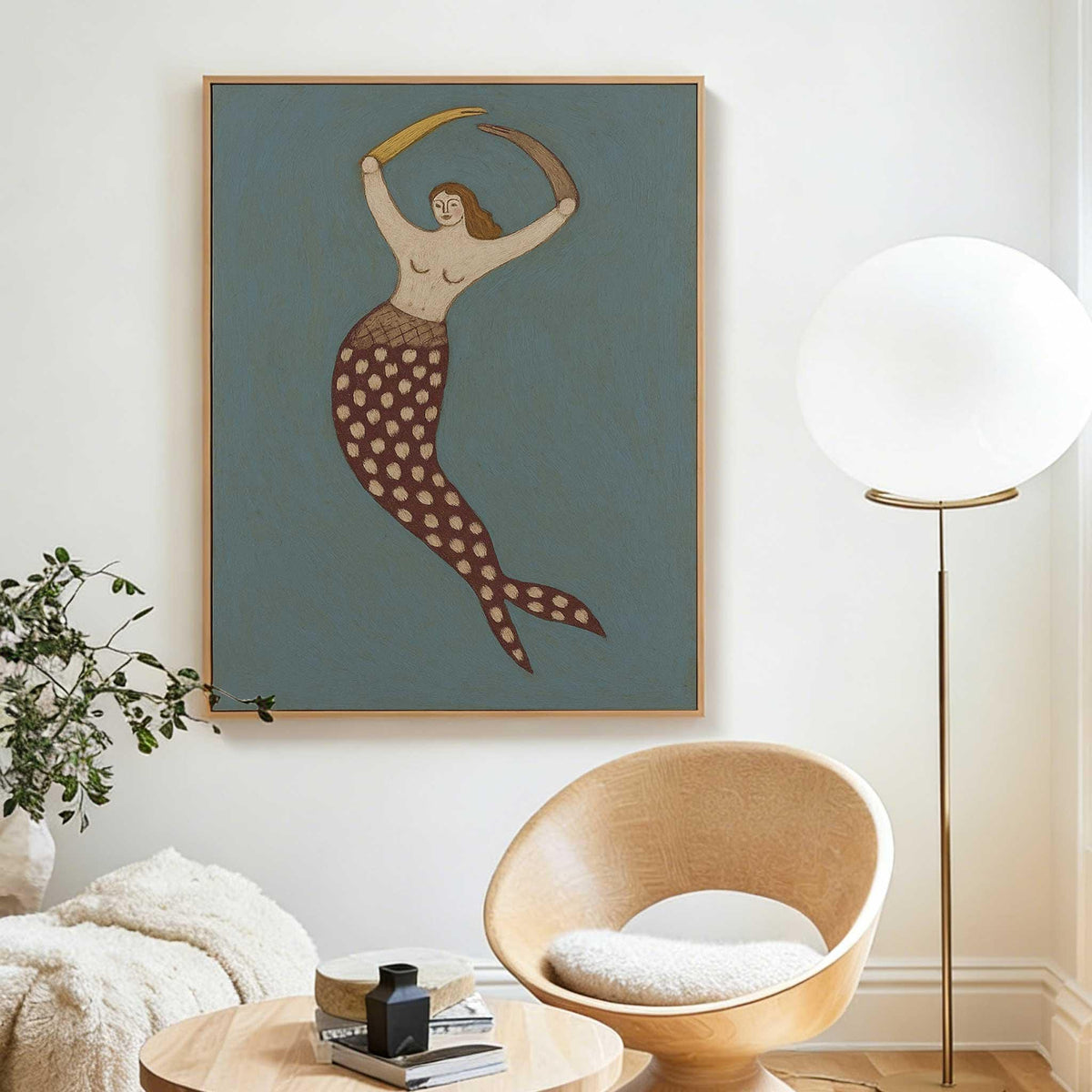 Mermaid Wall Art Vintage Blue Folk Ocean Canvas Painting for Bathroom Coastal Decor