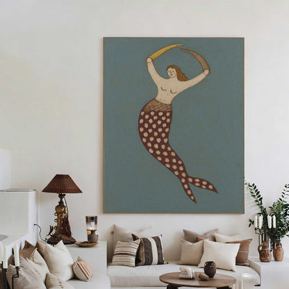 Mermaid Wall Art Vintage Blue Folk Ocean Canvas Painting for Bathroom Coastal Decor