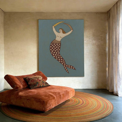 Mermaid Wall Art Vintage Blue Folk Ocean Canvas Painting for Bathroom Coastal Decor