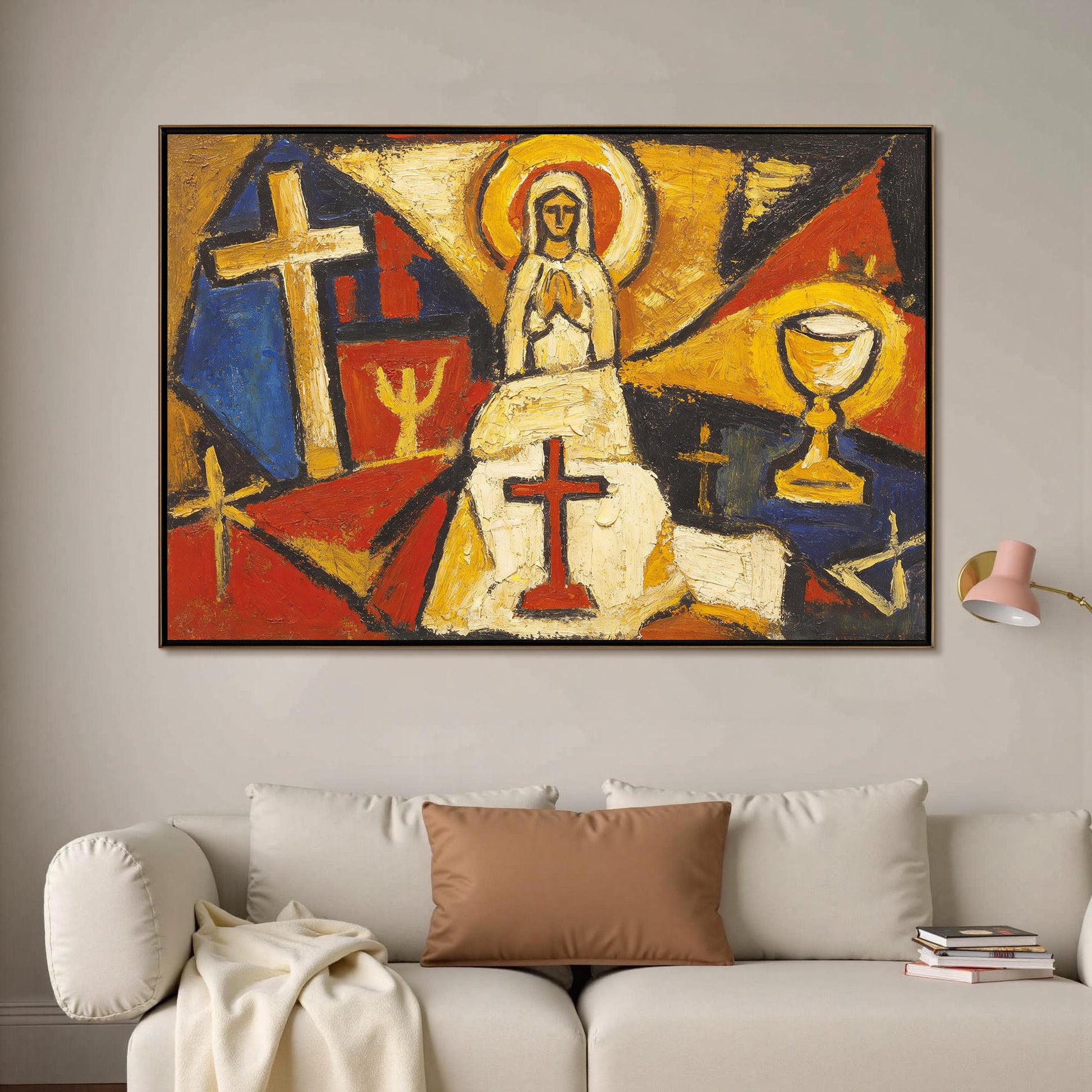 Spiritual Figure Canvas - Bold Religious Wall Decor - Handmade Oil Acrylic - Church Home Faith Gift – Cobalt and Gold Figurat