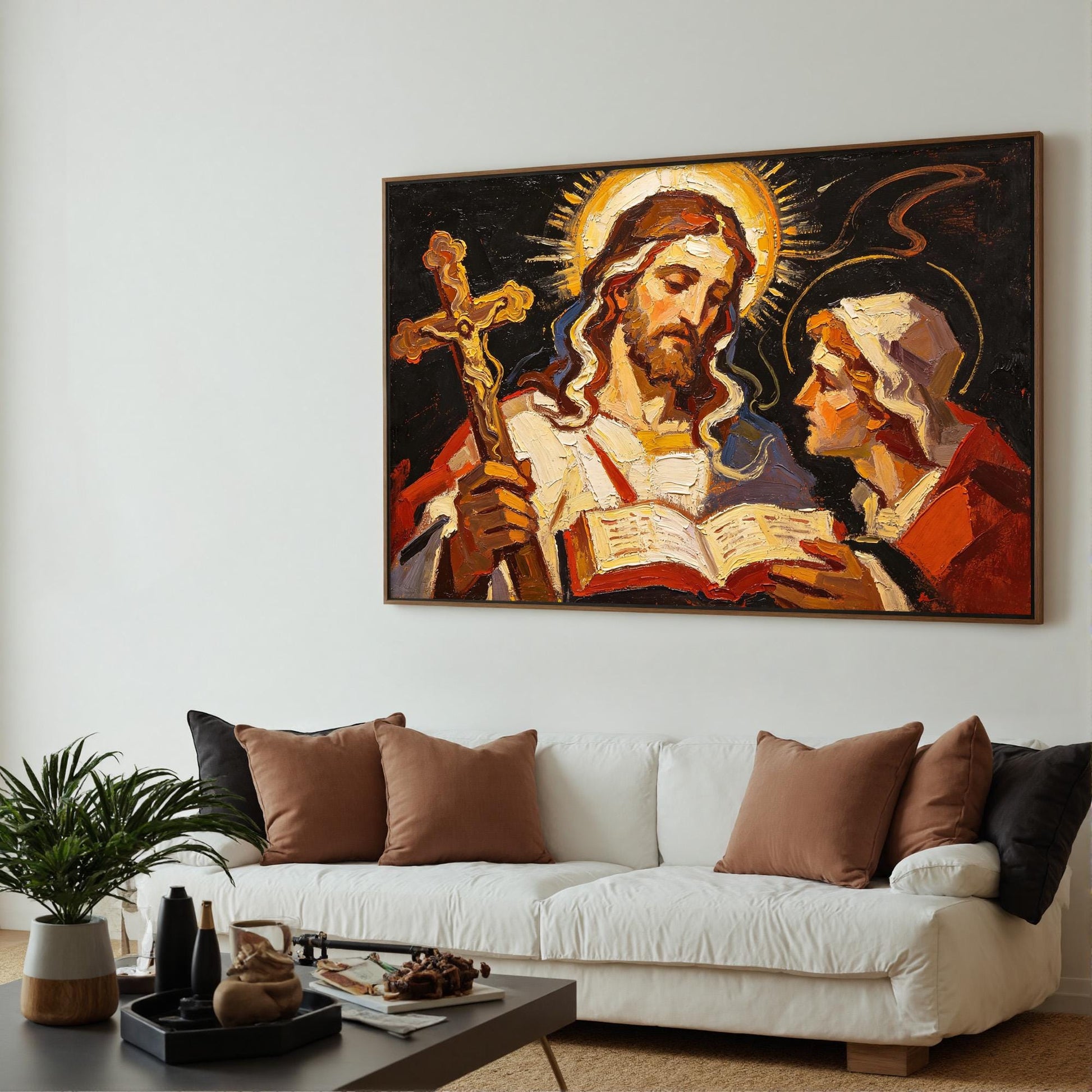 Holy Figures Scripture Canvas - Expressionist Religious Art - Handmade Oil Acrylic - Faith Home Church Gift – Gold Abstract |