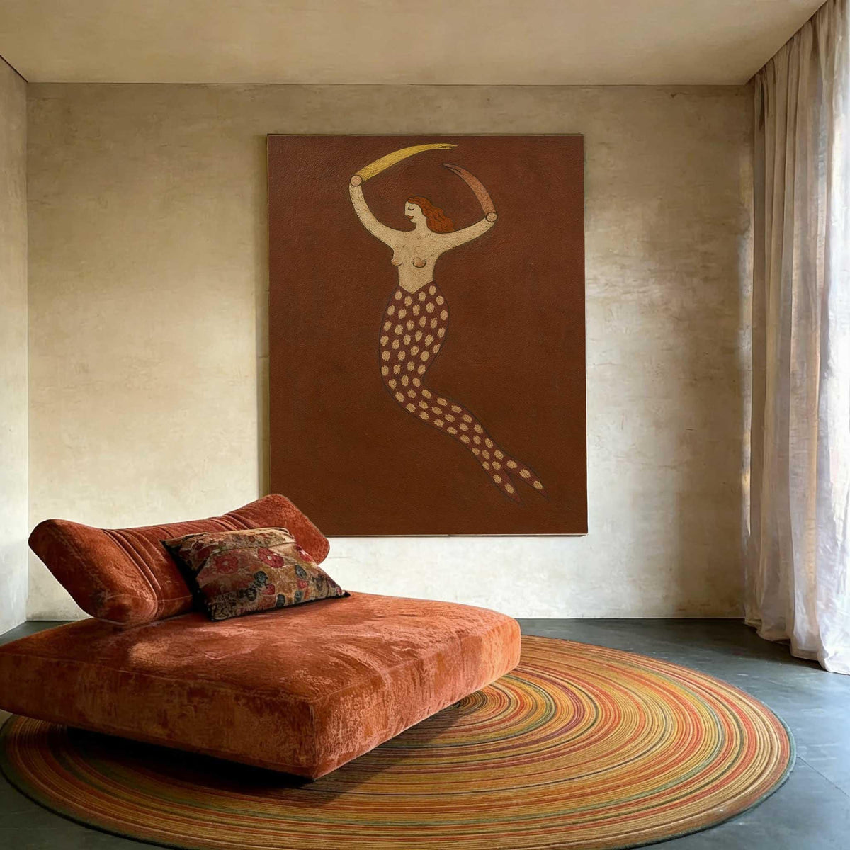 Brown Mermaid Wall Art Vintage Folk Figure Canvas Painting for Bohemian Bedroom Decor
