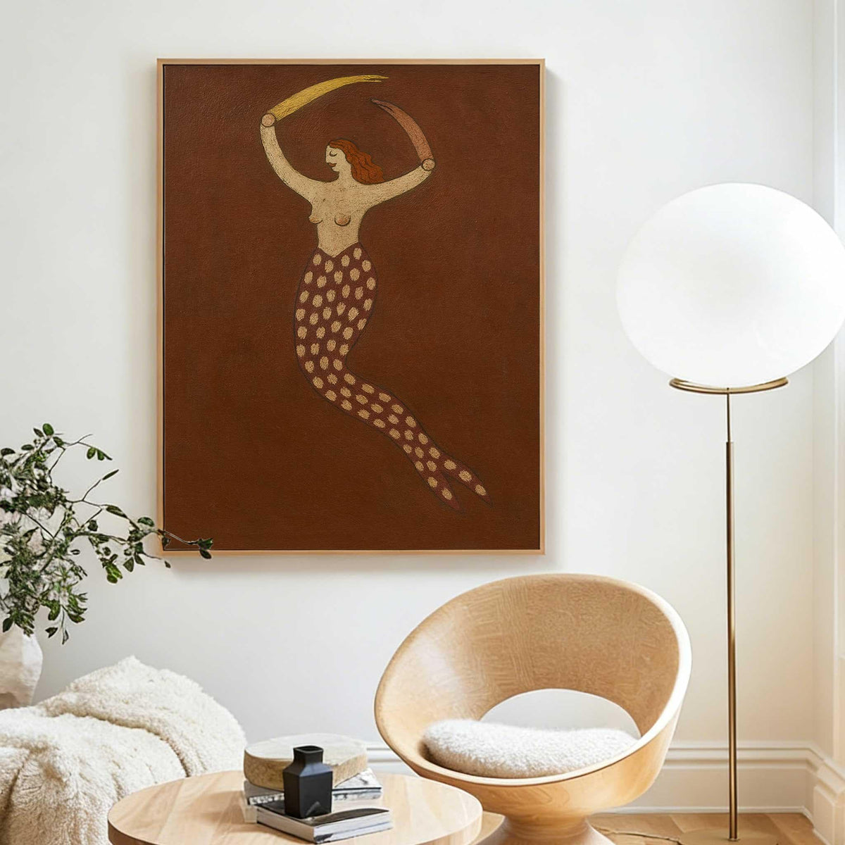 Brown Mermaid Wall Art Vintage Folk Figure Canvas Painting for Bohemian Bedroom Decor