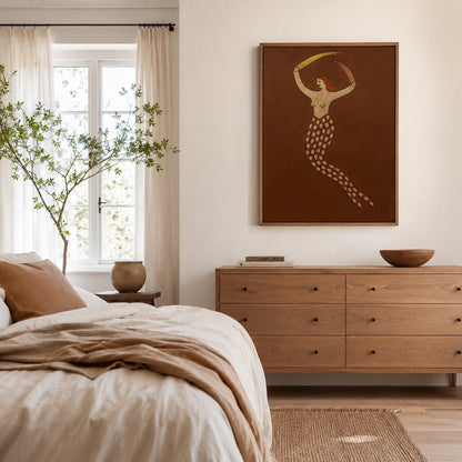 Brown Mermaid Wall Art Vintage Folk Figure Canvas Painting for Bohemian Bedroom Decor