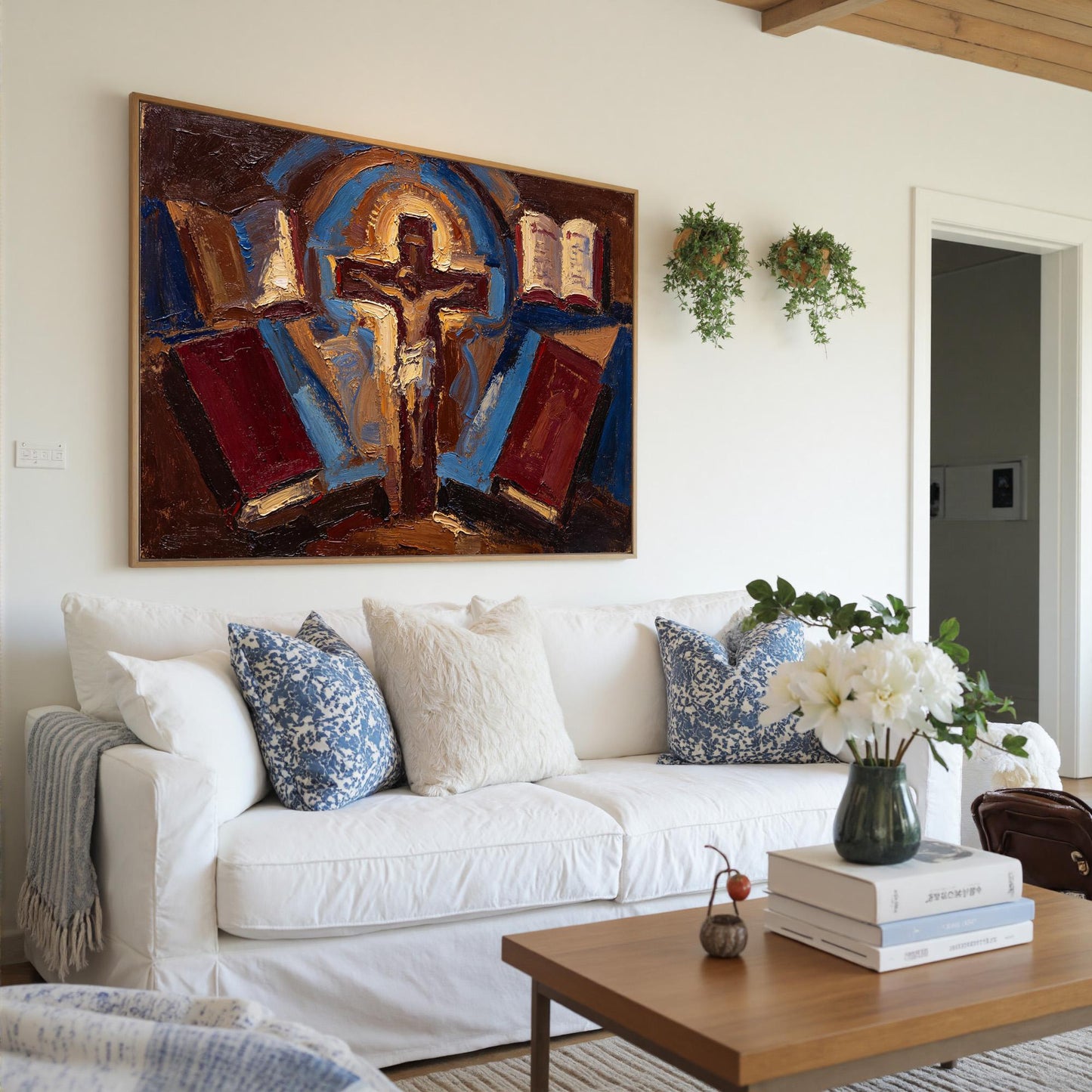 Expressionist Cross Canvas - Religious Church Wall Art - Handmade Oil Acrylic - Christian Devotional Gift – Cobalt and Gold A