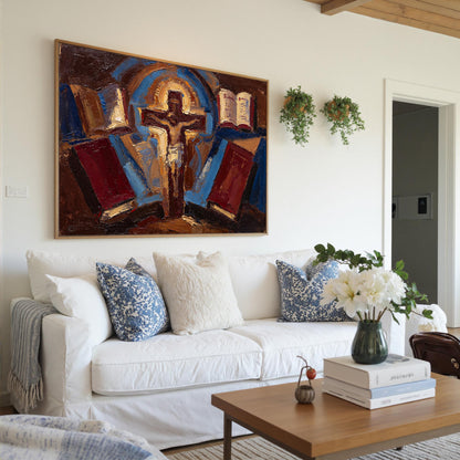 Expressionist Cross Canvas - Religious Church Wall Art - Handmade Oil Acrylic - Christian Devotional Gift – Cobalt and Gold A