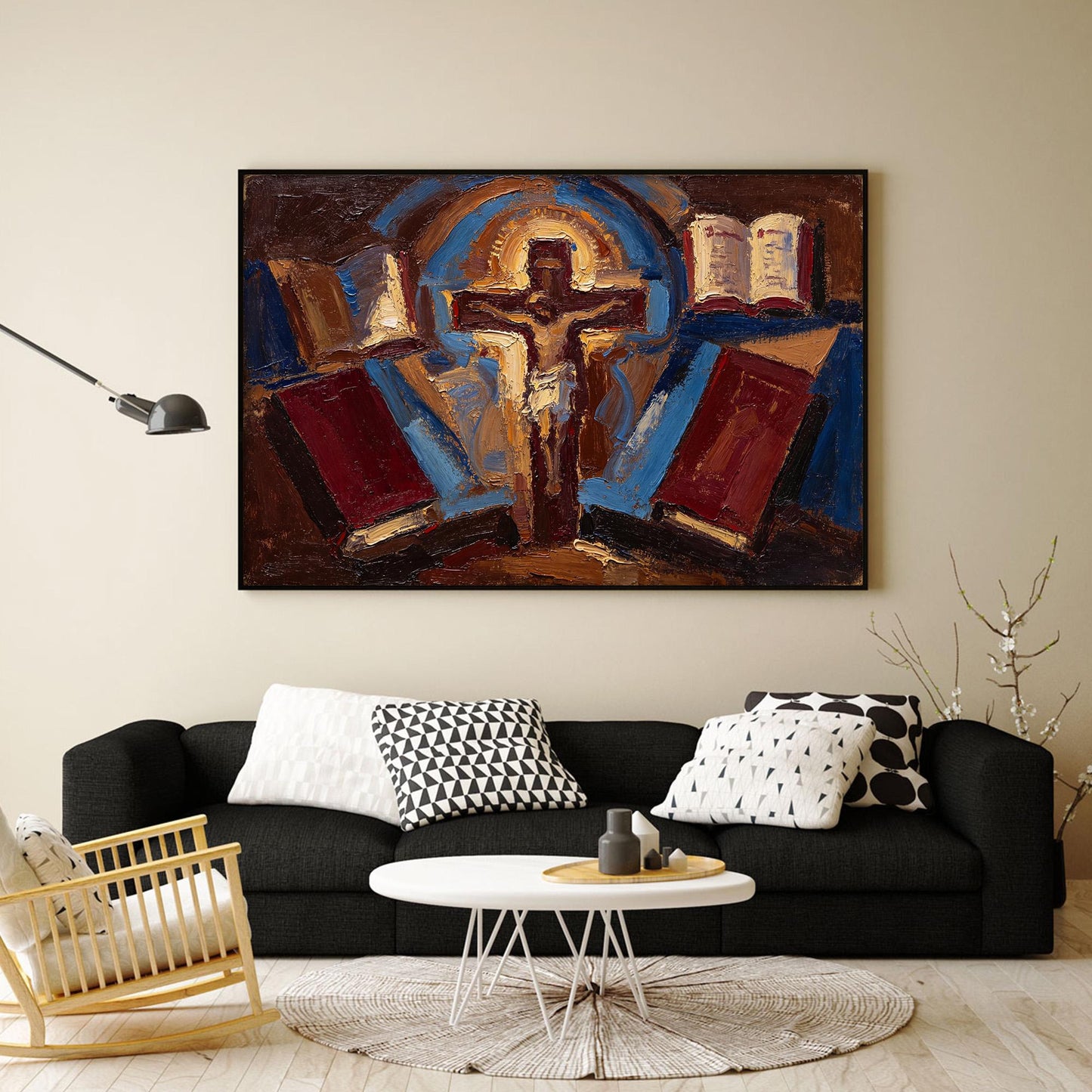 Expressionist Cross Canvas - Religious Church Wall Art - Handmade Oil Acrylic - Christian Devotional Gift – Cobalt and Gold A