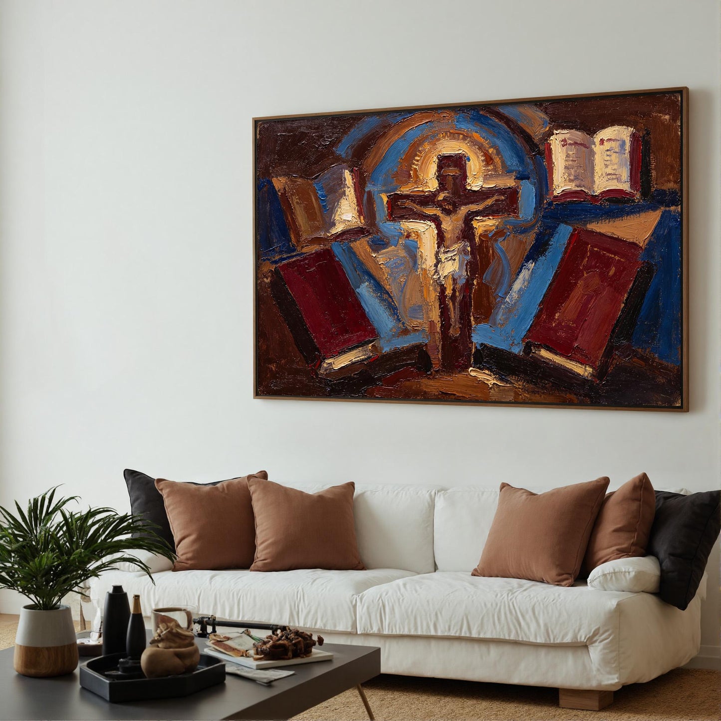 Expressionist Cross Canvas - Religious Church Wall Art - Handmade Oil Acrylic - Christian Devotional Gift – Cobalt and Gold A