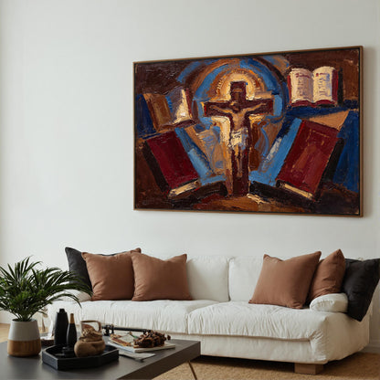 Expressionist Cross Canvas - Religious Church Wall Art - Handmade Oil Acrylic - Christian Devotional Gift – Cobalt and Gold A