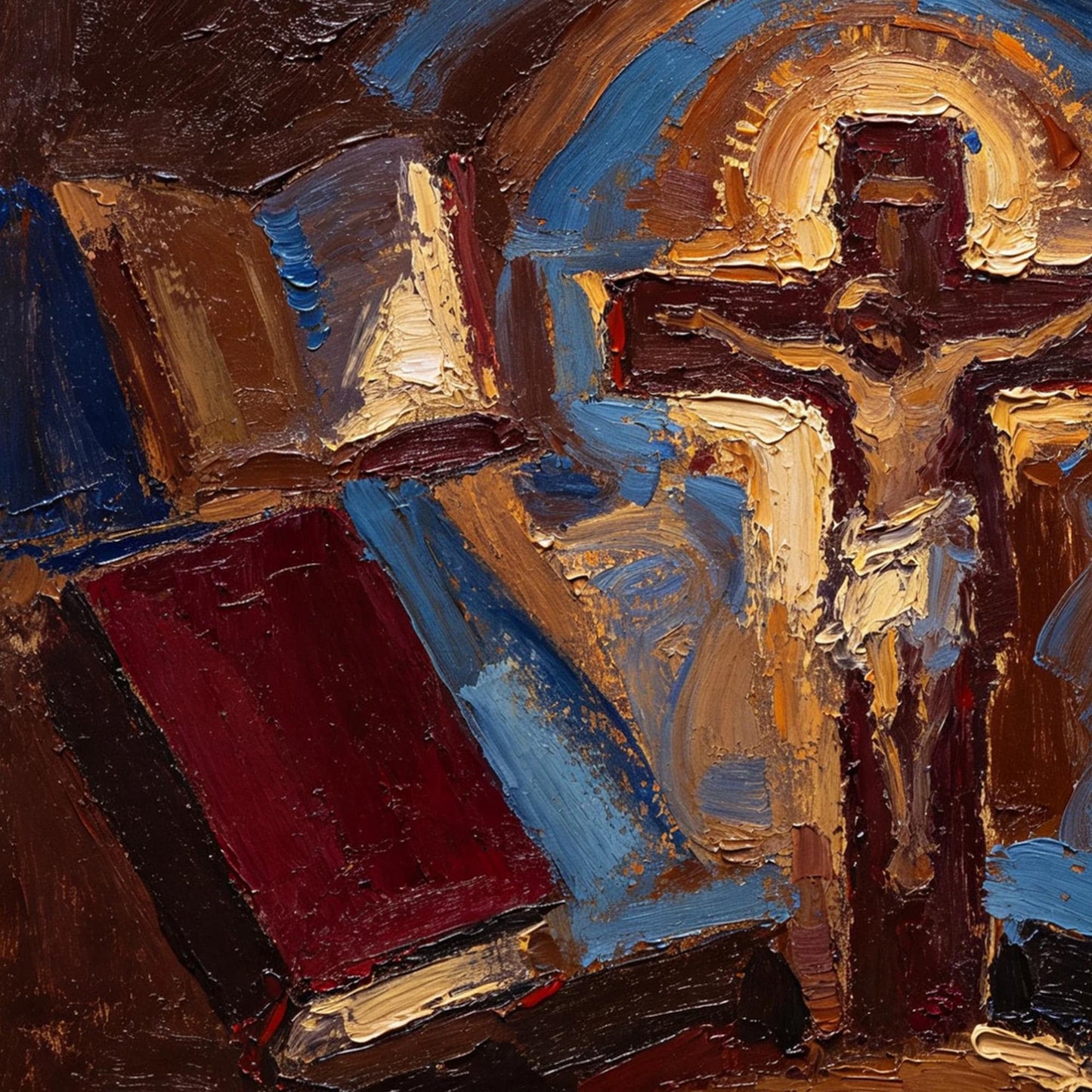 Cobalt and Gold Expressionist Abstract – Expressionist Cross Canvas - Religious Church Wall Art - Handmade Oil Acrylic - Christian Devotional Gift