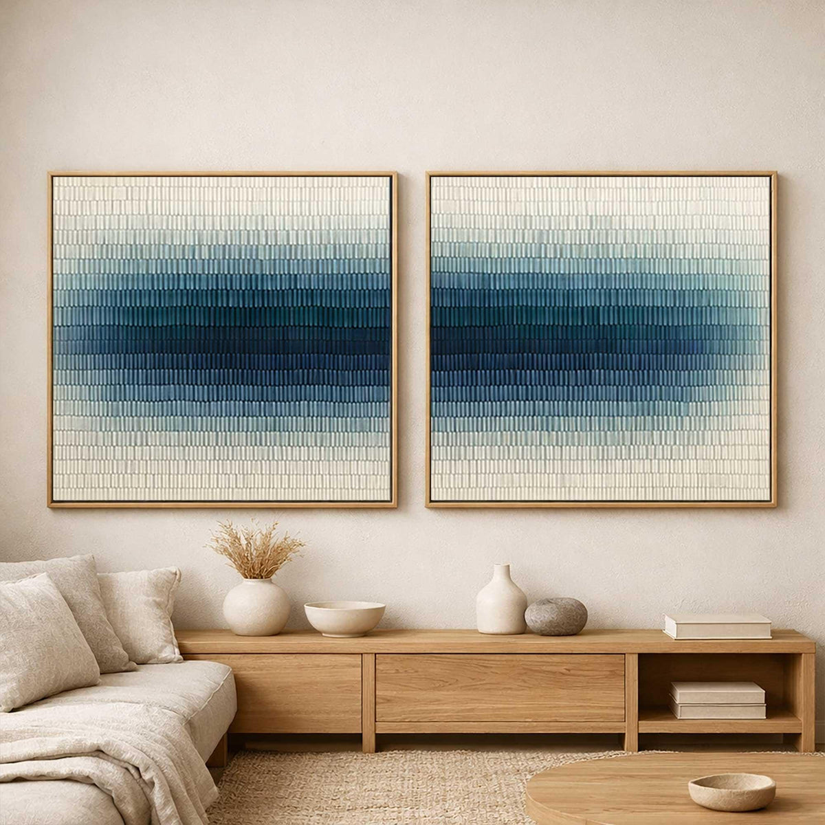 Textured Blue Wall Art Set of 2 Abstract Canvas Painting for Living Room Decor