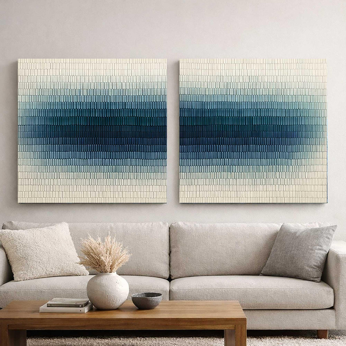 Textured Blue Wall Art Set of 2 Abstract Canvas Painting for Living Room Decor