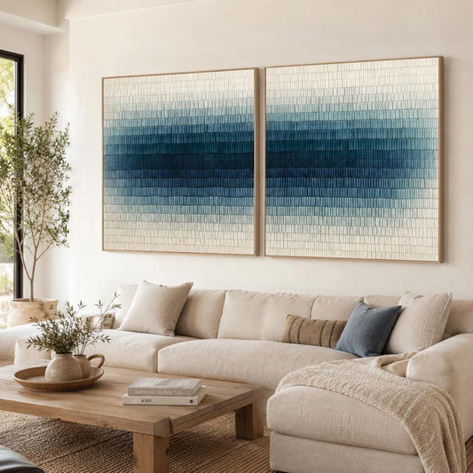 Textured Blue Wall Art Set of 2 Abstract Canvas Painting for Living Room Decor