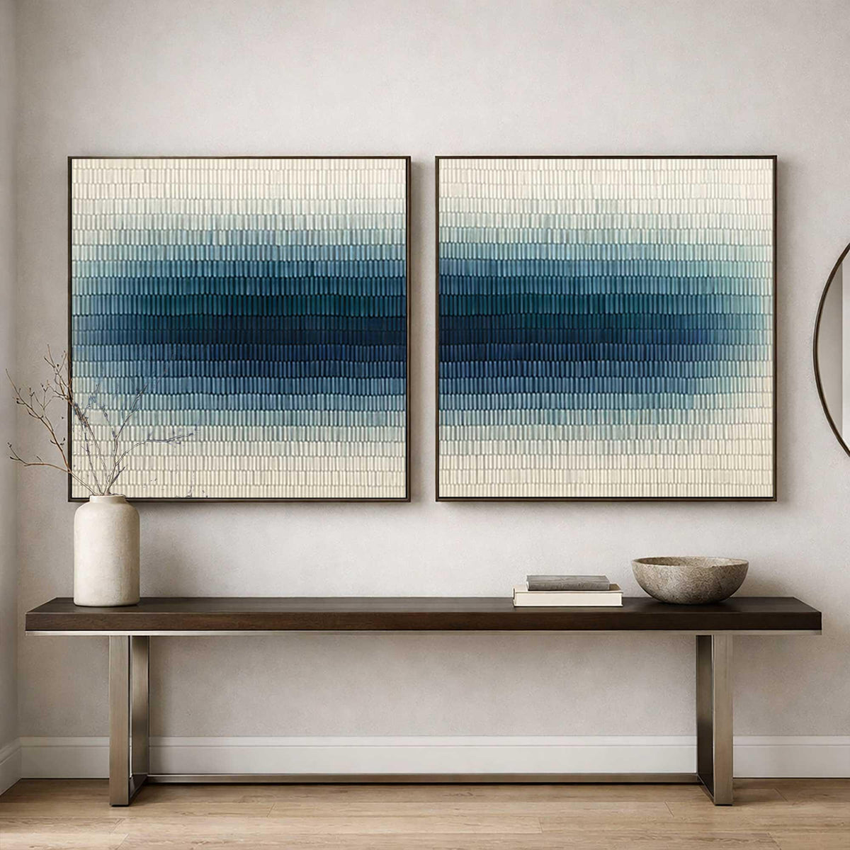 Textured Blue Wall Art Set of 2 Abstract Canvas Painting for Living Room Decor