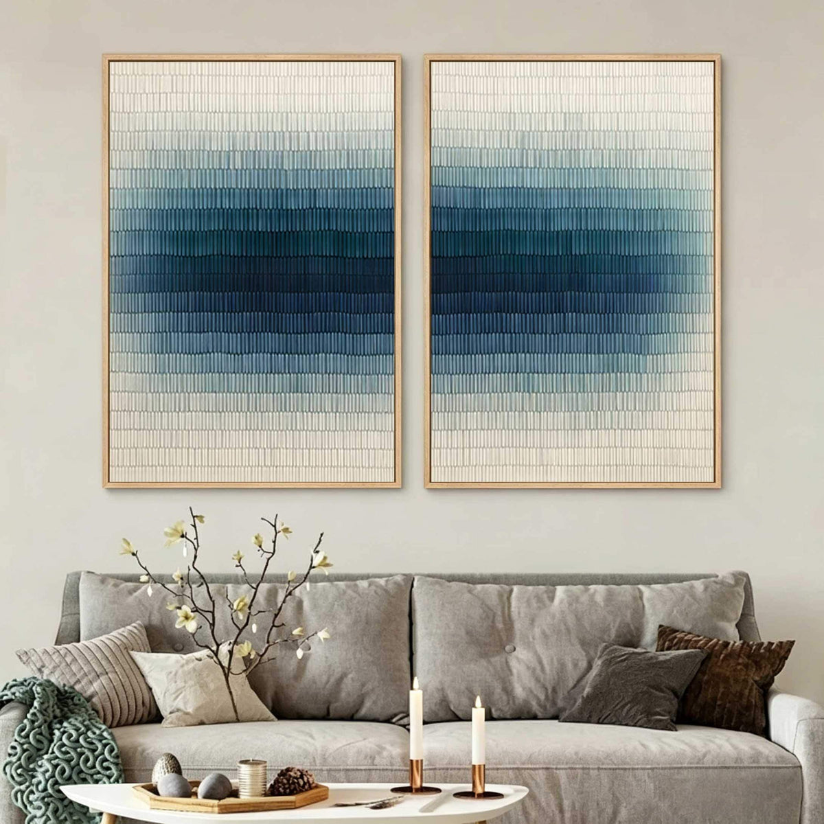 Navy Blue Wall Art Set of 2 Textured Gradient Canvas Painting for Living Room