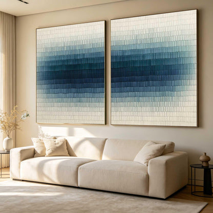 Navy Blue Wall Art Set of 2 Textured Gradient Canvas Painting for Living Room